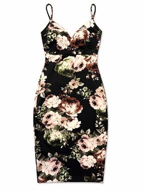 Windsor Black Floral Bodycon Midi Dress Built-In Bra XS